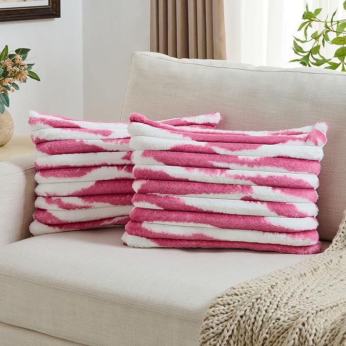 FUTEI Blush Decorative Throw Pillow Covers 12x20 Inch Set of 2, Soft Tie-Dye Faux Rabbit Fur Striped Texture Pillow Case, Modern Home Decor for Couch Bed Living Room