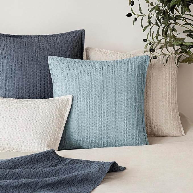 Foindtower Set of 2 Decorative Cotton Waffle Weave Throw Pillow Covers Euro Shams Cushion Covers Accent European Pillowcase for Bed Couch Sofa Bedroom Living Room Home Decor 24×24 Inch Light Blue
