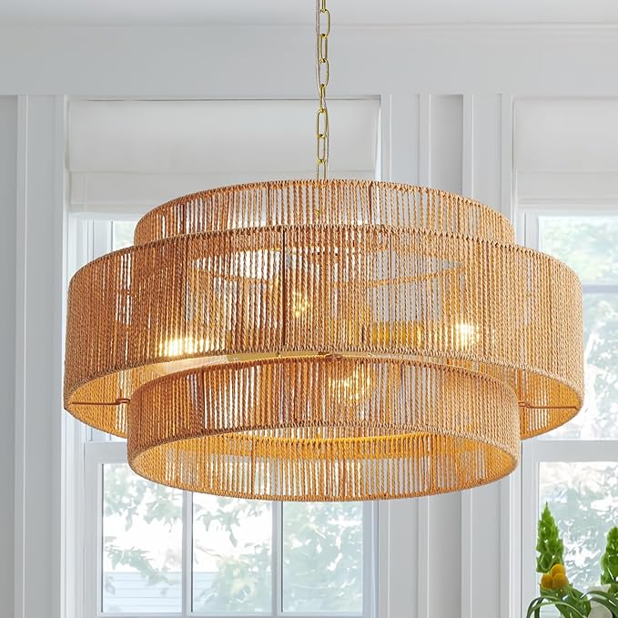 Large Woven Rattan Chandeliers for Kitchen Island, 22.8in Coastal Boho Pendant Lights for Dining Room, Living Room