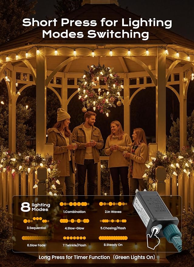 C9 Christmas Lights Outdoor, 100 FT 150 LED Connectable C9 String Lights with 8 Modes and Timer Extendable Xmas Tree Patio Roofline Garden Yard Holiday Party Indoor Outdoor Decoration, Warm White