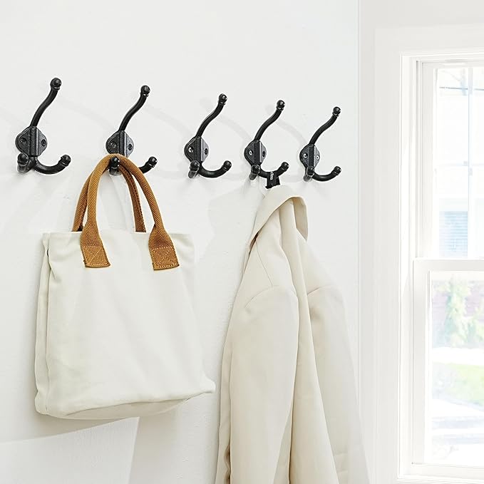 SKOLOO Heavy Duty Black Wall Hooks, Farmhouse Style Cast Iron Hooks, Pack of 5, Ideal for Backpack, Coat, and Towel Hooks - Perfect for Entryway, Mud Room, Closet and Bathroom Storage