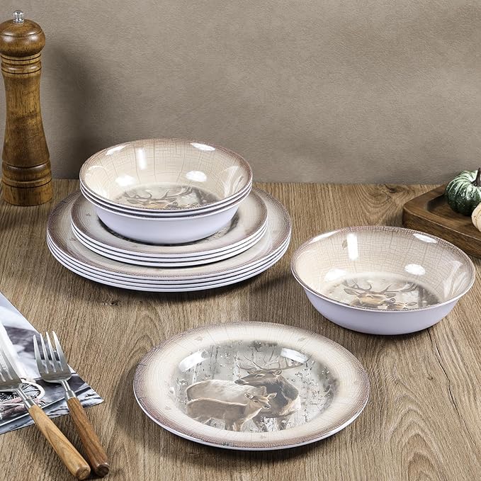 Melamine Dinnerware set for 4 - Dinner Plates Bowls Set 12 PCS Durable BPA Free Dishwasher Safe Shatter-Proof Chip Resistant for Indoor Outdoor, Deer