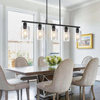 Black Linear Chandelier for Kitchen Island - 5 Light Pendant Lighting Fixture with Glass Shades, Adjustable Height Farmhouse Dining Room Hanging Light