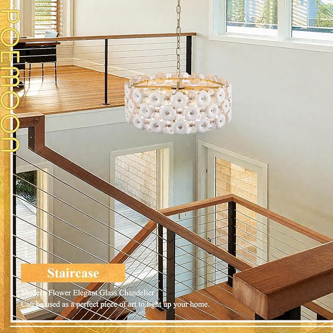 Modern 24" Flower Glass Chandelier Luxury Gold 8 Lights Ceiling Pendant Light Fixture for Living Dining Room Foyer Entryway Kitchen Bedroom, E12