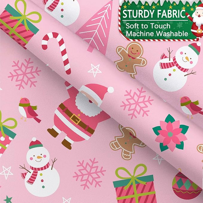 Pink Christmas Shower Curtain, Cartoon Santa Claus Snowman Penguin Pine Fir Tree Socks Xmas Pattern Winter Holiday Shower Curtain Bathroom Decor, Durable Fabric Machine Washable with Hooks, 72 x 72 In