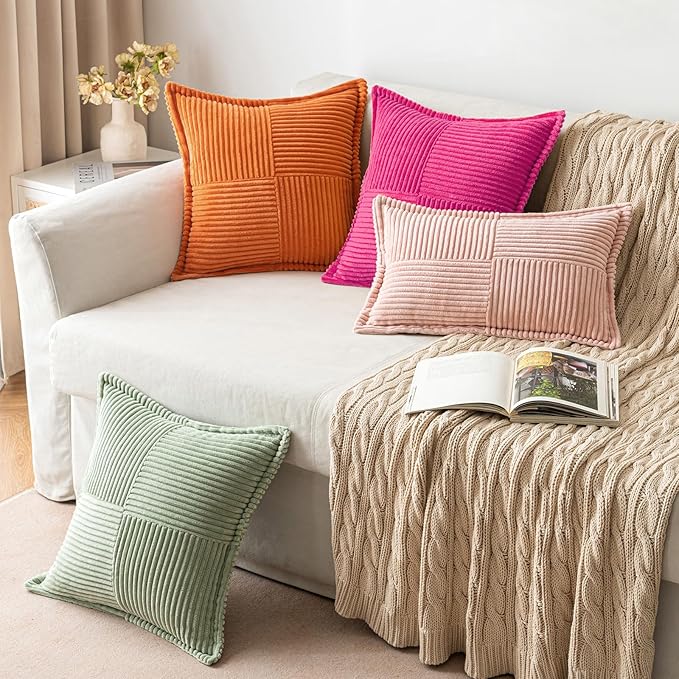 MIULEE Decorative Throw Pillow Covers for Couch Bed Livingroom 18x18 Inch Set of 2 Hot Pink Boho Accent Throw Pllows Broadside Striped Patchwork Soft Corduroy Pillowcases