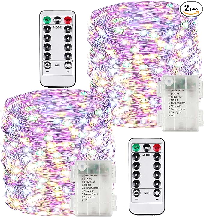 2 Pack Each 66Ft 200LED Battery Operated Fairy Lights with Remote, Waterproof Battery Christmas Twinkle Lights with Timer, String Light for Bedroom Christmas Decorations (Multicolor)