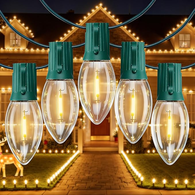 C9 Christmas Lights Outdoor, 25 FT 25 LED Vintage Warm White C9 String Lights Connectable for Christmas Tree Roofline Patio Garden Backyard Holiday Party Indoor Outdoor Decoration, Green Wire