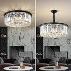 Black Modern Crystal Chandelier, 2-Tier Round Flush Mount Ceiling Light Fixtures Height Adjustable Pendant Lighting for Dining Room Living Room Bedroom Kitchen Hotel Foyer