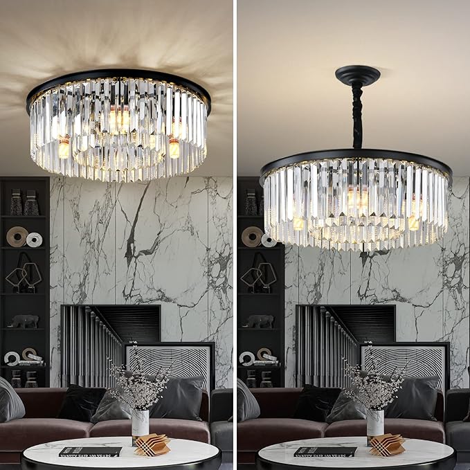 Black Modern Crystal Chandelier, 2-Tier Round Flush Mount Ceiling Light Fixtures Height Adjustable Pendant Lighting for Dining Room Living Room Bedroom Kitchen Hotel Foyer
