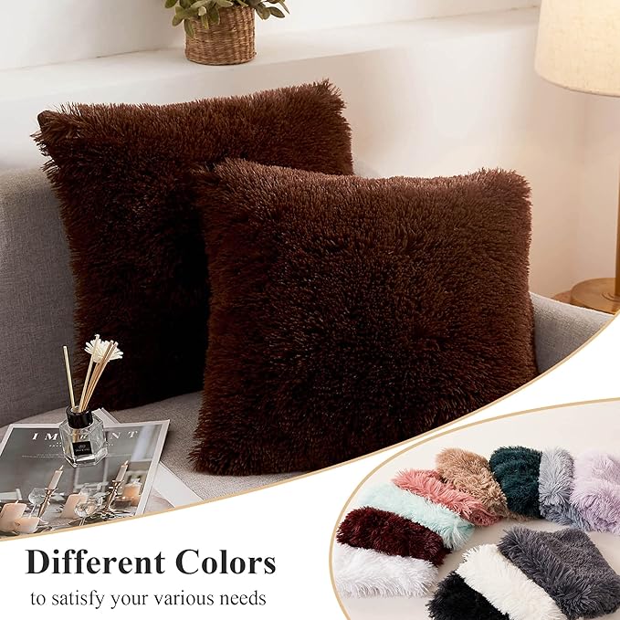 XeGe Soft Faux Fur Brown Throw Pillow Covers, Luxury Fluffy Cushion Covers, Shaggy Plush Furry Pillow Cases, Fuzzy Decorative Pillow Covers Pack of 2 for Sofa Bed Couch Bedroom (18''x18'', Coffee)