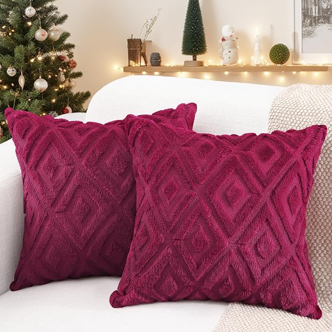 Pallene Christmas Burgundy Throw Pillow Covers 18x18 Set of 2, Soft Plush Faux Fur Decorative Couch Pillow Covers for Sofa Bed Living Room Pillow Cases with 3D Diamond Pattern