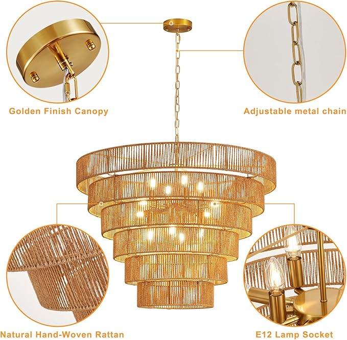 31.49" Large Rattan Chandelier Vintage Farmhouse 12-Lights Boho Hand-Woven Bamboo Chandeliers Light Fixture Rustic Wicker Rattan Golden Chandelier for Dining Room, Kitchen, Living Room, E12