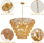 31.49" Large Rattan Chandelier Vintage Farmhouse 12-Lights Boho Hand-Woven Bamboo Chandeliers Light Fixture Rustic Wicker Rattan Golden Chandelier for Dining Room, Kitchen, Living Room, E12