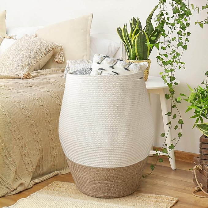 Goodpick Large Laundry Hamper | Tall Wicker Hamper Laundry Basket, Soft Cotton Rope Woven Hamper, Farmhouse Design Graceful Basket 25.6 Inches Height