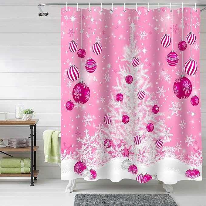 Pink Christmas Shower Curtain, White Xmas Tree Snowflakes Pink Balls Shower Curtains Set with Hooks, Winter Waterproof Fabric Bathroom Curtains Decor Home Accessories, Stall Long 54 X 78 Inch