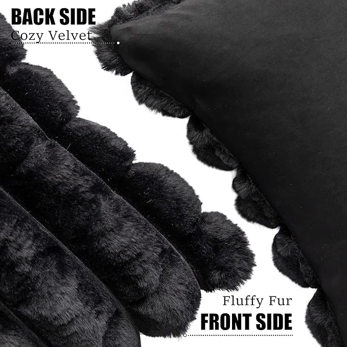 Neelvin Black Faux Fur Cozy Soft Plaid Decorative Throw Pillow Covers 18x18 inch Set of 2,Velvet Pillowcase Cushion Case for Sofa Couch