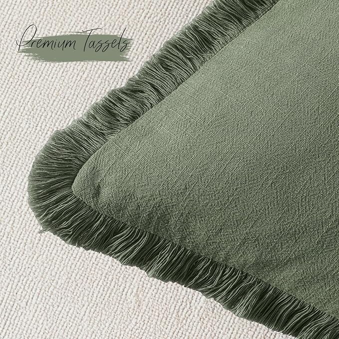 Woaboy Decorative Linen Fringe Throw Pillow Covers Boho Farmhouse Soft Accent Pillowcases with Tassels Christmas Home Decor for Livingroom Couch Sofa Bed,20x20 Inch Set of 2,Dark Olive Green