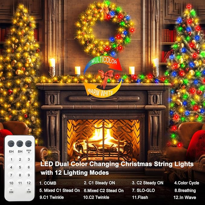 65.6Ft 200LED Battery Operated Christmas String Lights, 12 Lighting Modes Warm White & Multicolor Fairy Lights with Remode Timer, Green Wire Twinkle Light for Wreath Indoor Outdoor Party Wedding