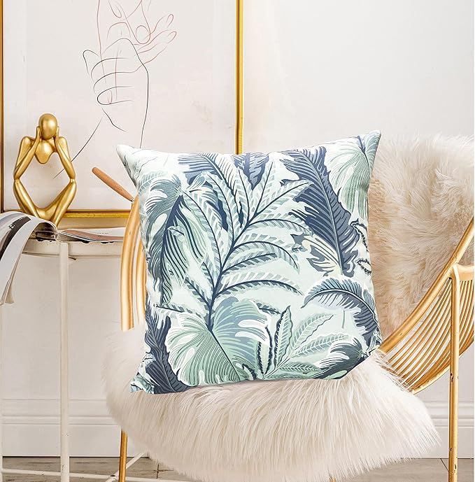 Decorative Throw Pillow Covers Set of 2 Blue Green Large Leaves Pillow Covers 16x16 inch Soft Short Plush Square Floral Throw Pillows,Farmhouse Outdoor Pillow Covers for Couch Living Room