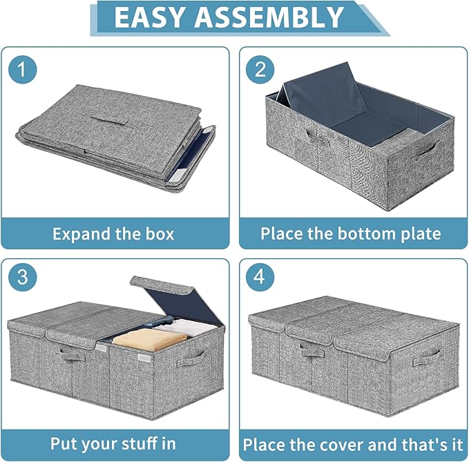 Deep Under Bed Storage Container, 10" Tall Height Underbed Box Bin with Lids 31" Long Large Basket for Under Bed, Bedroom, Dorms, Clothes, Bed sheets, Blankets, 2 Pack, Grey