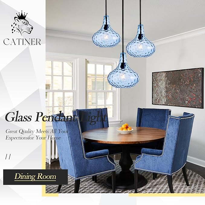 11" Hand-Blown Blue Glass Pendant Light, Modern Hammered Glass Hanging Light Fixture with Black Finish, Adjustable Ceiling Pendant Lighting for Kitchen Island, Dining Room, Living Room