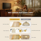 Oneach Arc Floor Lamp for Living Room,Rattan Boho Floor Lamp with Hand-Woven Wicker Shade, Gold Metal Base & Pole,Foot Switch,Farmhouse Standing Lamps for Bedroom Corner,Reading