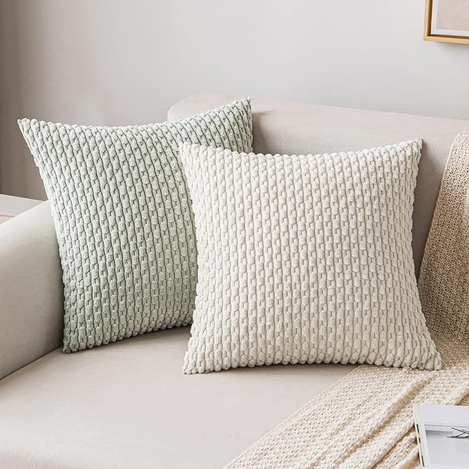 MIULEE Pack of 2 Decorative Throw Pillow Covers 20x20 Inch Soft Boho Striped Textured Corduroy Pillow Covers Modern Farmhouse Home Decor for Couch Bed Sofa Living Room Light Green