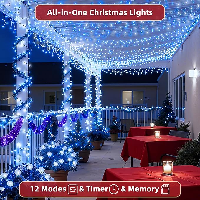 240FT Christmas Lights Outdoor, 750 LED Christmas Tree Decoration Lights with 12 Modes & Timer Memory, Dimmable Plug In Waterproof LED Xmas Light for Yard Trees Wedding Party Holiday Blue & White