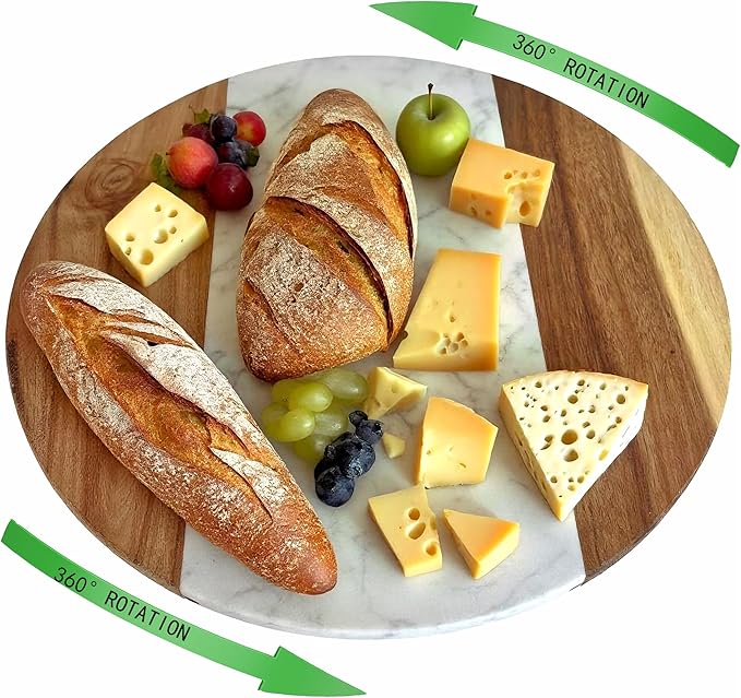 13" Marble and Wooden Lazy Susan – Rotating Table Tray for Dining Table, Kitchen, or Coffee Table – Decorative Turntable Serving Tray