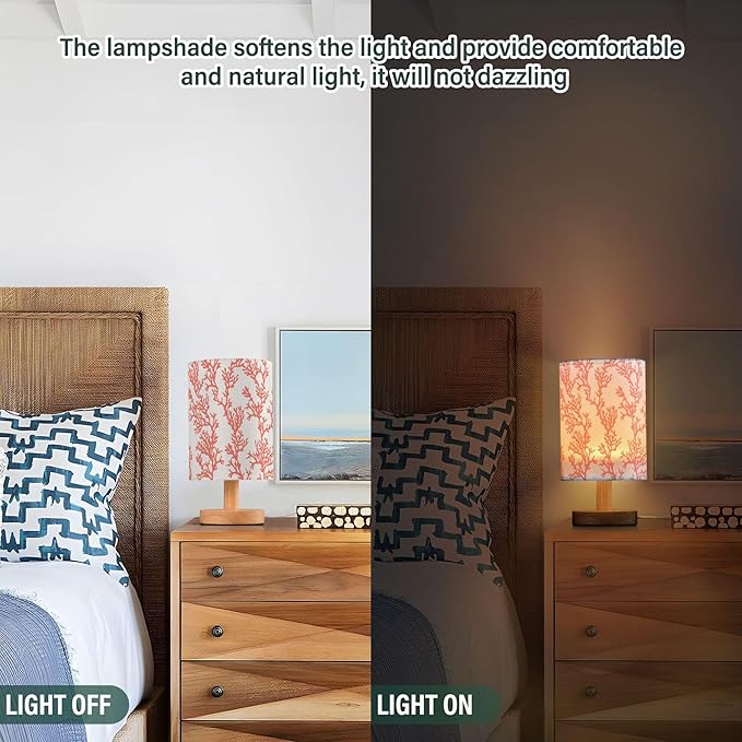 Table Lamp Red Coral Pattern Tropical Ocean Plant Design Nightstand Lamp with Wood Base Fabric Lamp Shade Bedside Desk Lamp for Living Room Bedroom Kids Room Office