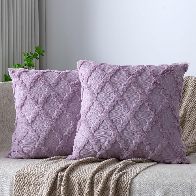 Set of 2 Soft Moroccan Throw Pillow Covers 16x16 Inch Plush Boho Decorative Pillow Cover Accent Cushion Case for Couch Sofa Bed, Purple