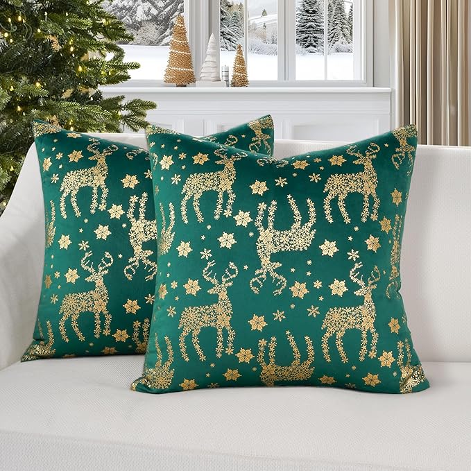 Topfinel Christmas Pillow Covers 18x18 Set of 2,Xmas Velvet Snowflake Reindeer Decorative Pillow Case Winter Holiday Decor for Home Couch,Green and Gold