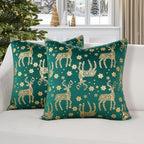 Topfinel Christmas Pillow Covers 18x18 Set of 2,Xmas Velvet Snowflake Reindeer Decorative Pillow Case Winter Holiday Decor for Home Couch,Green and Gold