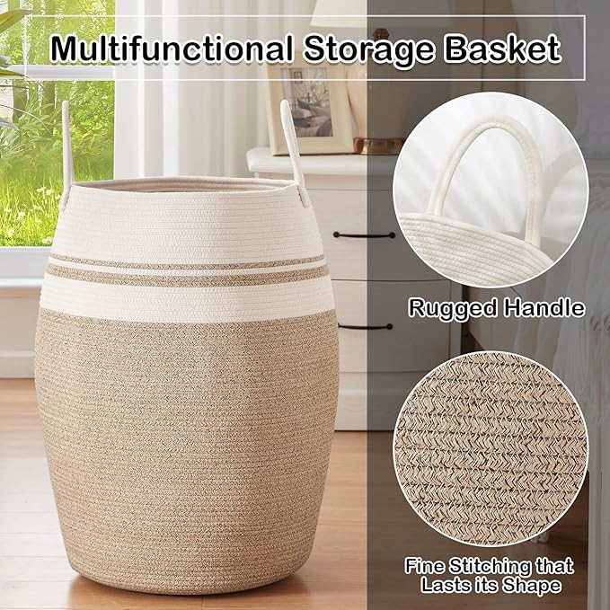OIAHOMY Laundry Hamper Woven Cotton Rope Large Clothes Hamper 25.6" Height Tall Laundry Basket with Extended Cotton Handles for Storage Clothes Toys in Bedroom, Bathroom, Foldable (Yellow variegated)