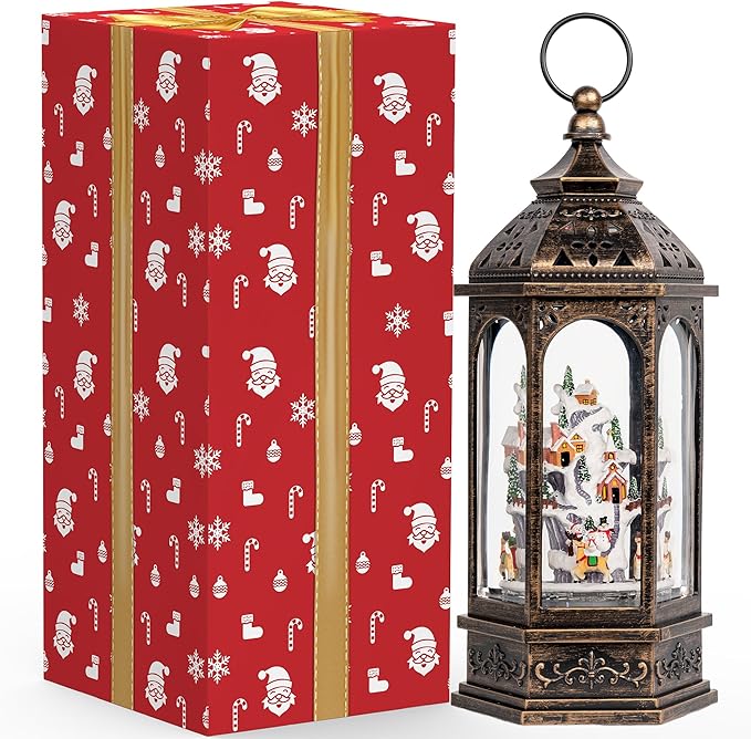 Animated Christmas Village Buildings with Moving Figurines Lighted Water Lantern, USB Lined/Battery Operated Snow Globe for Christmas Festival Decoration Gifts