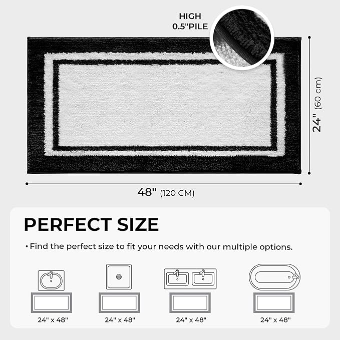 GRANNY SAYS Microfiber Bathroom Rugs Non Slip Washable, Water Absorbent Bathroom Mats for Tub Non Slip, Soft Bath Mats for Floor & Shower, Long Bath Rug, 24" x 48", Black Rug