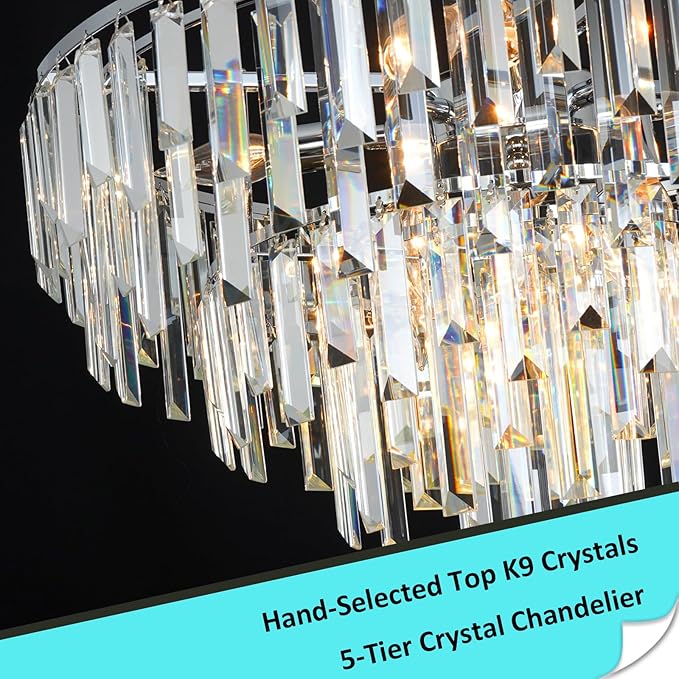 Chrome Crystal Chandelier for Dining Room, 24" Modern Round Chandeliers 5-Tier 8 Lights Adjustable Ceiling Light Fixture K9 Raindrop Crystal Pendant Lamp for Living Room Bedroom Foyer