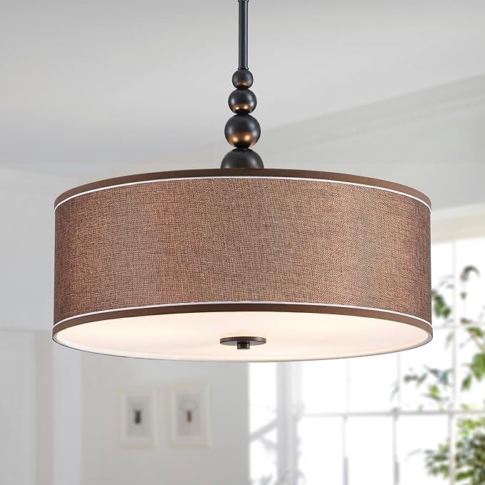 Shrine Lighting Drum Chandeliers, Farmhouse Style, Perfect Drum Pendant Light for Dining Room, D21'' x H8'', Adjustable Chains 59'', E26*3 Sockets, Brown Linen Fabric Lampshade & Black Rod