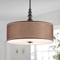 Shrine Lighting Drum Chandeliers, Farmhouse Style, Perfect Drum Pendant Light for Dining Room, D21'' x H8'', Adjustable Chains 59'', E26*3 Sockets, Brown Linen Fabric Lampshade & Black Rod