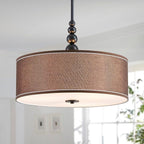 Shrine Lighting Drum Chandeliers, Farmhouse Style, Perfect Drum Pendant Light for Dining Room, D21'' x H8'', Adjustable Chains 59'', E26*3 Sockets, Brown Linen Fabric Lampshade & Black Rod