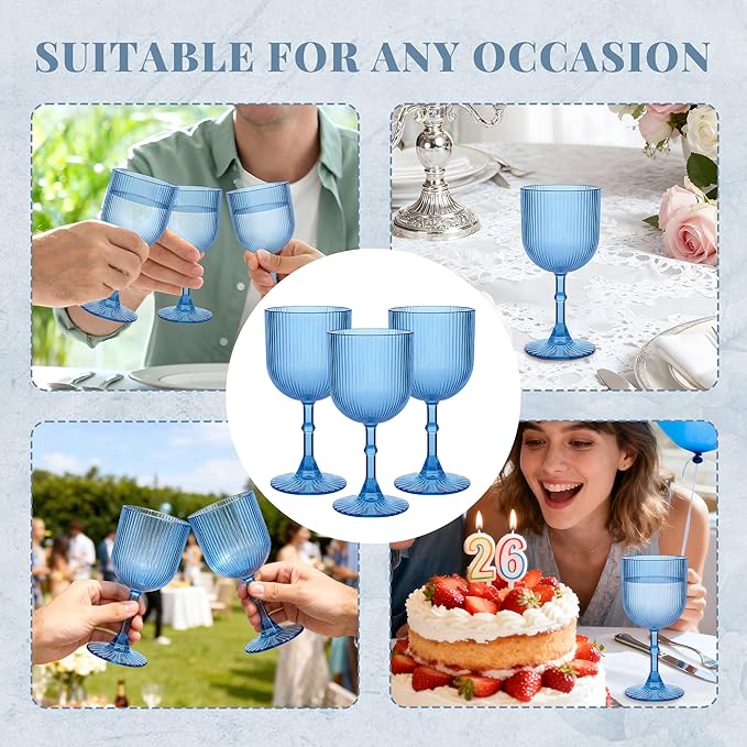 Plastic Wine Glasses 9oz Set of 12, Blue Ribbed Vintage Goblets Unbreakable Reusable BPA-Free Stemmed Drinking Glasses for Parties, Weddings & Events