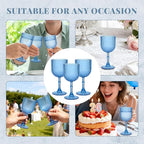 Plastic Wine Glasses 9oz Set of 24, Blue Ribbed Vintage Goblets Unbreakable Reusable BPA-Free Stemmed Drinking Glasses for Parties, Weddings & Events