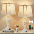Lamps for Night Stands Set of 2-23.5" Boho Bedside Lamp with USB A+C and Nightlight - Cream Rustic Carved Resin Farmhouse Table Lamp for Bedrooms, End Tables, Living Room, Bulbs Included