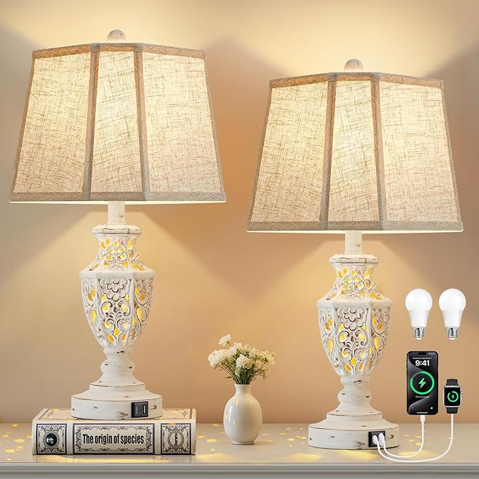 Lamps for Night Stands Set of 2-23.5" Boho Bedside Lamp with USB A+C and Nightlight - Cream Rustic Carved Resin Farmhouse Table Lamp for Bedrooms, End Tables, Living Room, Bulbs Included