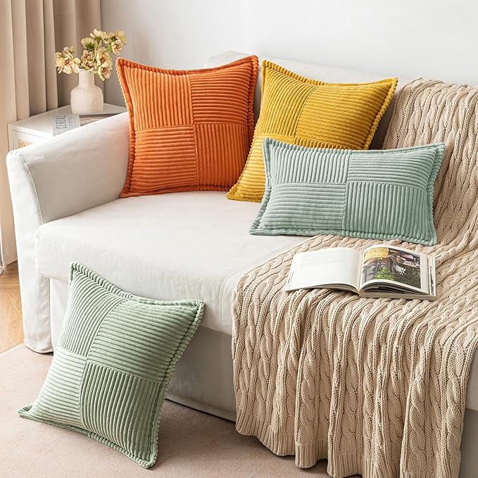 MIULEE Greyish Green Corduroy Decorative Euro Sham Pillow Covers 24x24 Inch with Splicing Set of 2 Soft Boho Pillow Covers Broadside Textured Summer Pillowcases for Couch Bed Livingroom