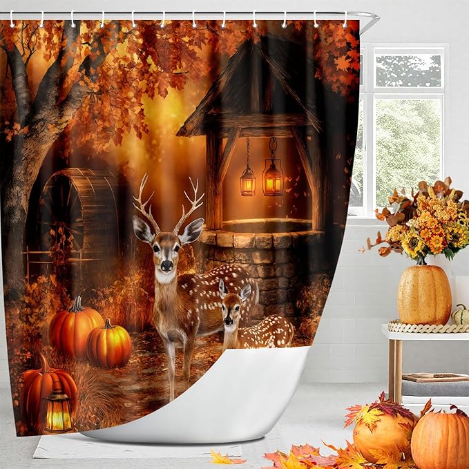 Fall Shower Curtain, Autumn Rustic Farmhouse Pumpkin Thanksgiving Harvest Shower Curtains for Bathroom， Halloween Holiday Bathroom Decorative with Hooks, Fall Bath Accessories 72"X72" Fabric Polyester