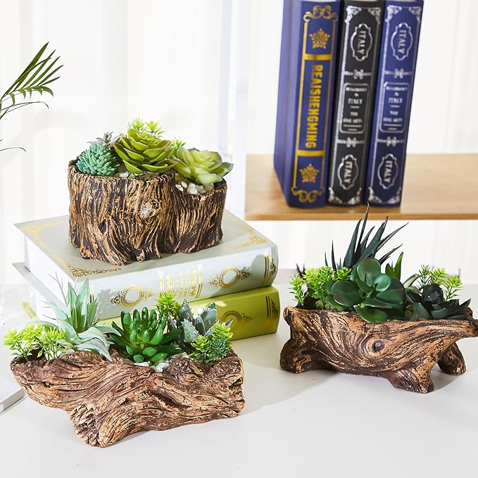 3 Pcs Driftwood Stump Log Concrete Planter Driftwood Planter Succulent Pot Plant Pot for Succulents for Outdoor Indoor Home Patio Garden Decoration (Classic)