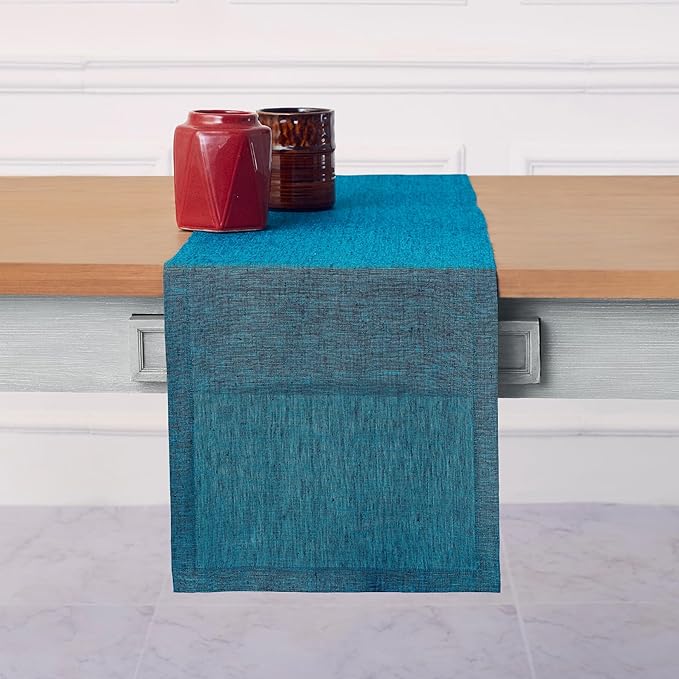 Solino Home Linen Table Runner 156 Inches Long - Athena, 100% Pure Linen Chambray Teal 14 x 156 Inch Table Runner for Dining, Fall, Autumn