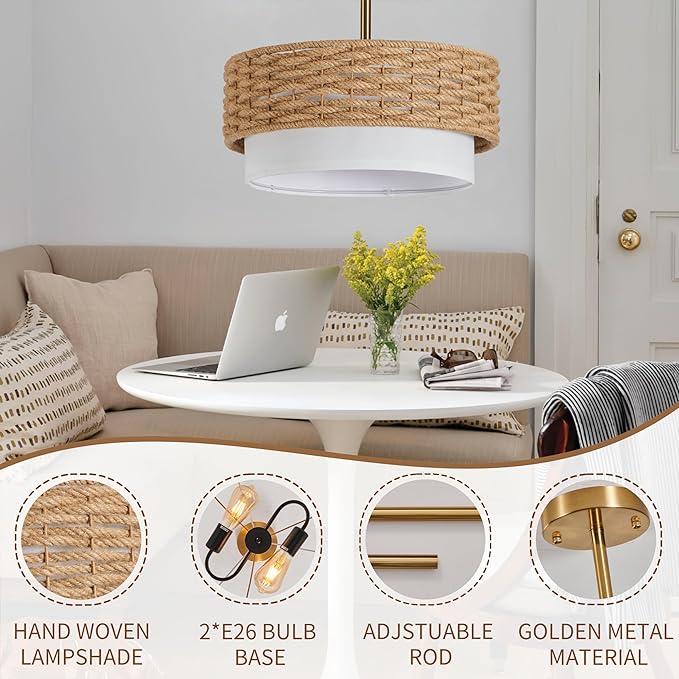 15in Boho Coastal Pendant Lights, 15in Woven Rattan Lighting Fixture, 2-Tier Rope Chandelier with Fabric Shade for Kitchen Island, Living Room, Dining Room, Bedroom, Restaurant